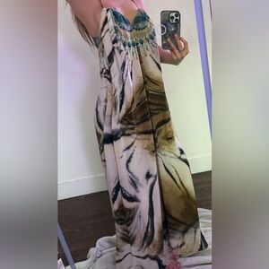 INTERMIX Camilla Printed Maxi Dress in Teal, Orange & Cream w Tiger Tribal Print